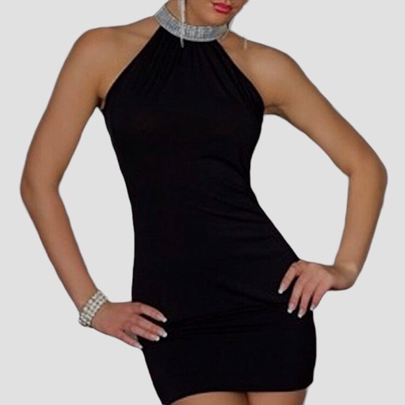 BEBE EMBELLISHED HIGH NECK BLACK BODYCON MINIDRESS - Picture 7 of 16